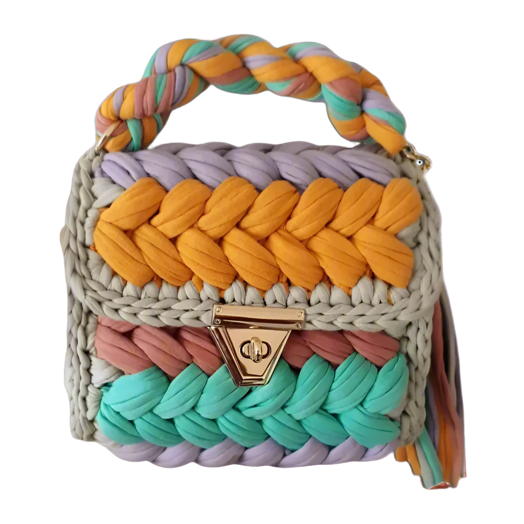 Pastel ombre crochet bag with gold chain strap.