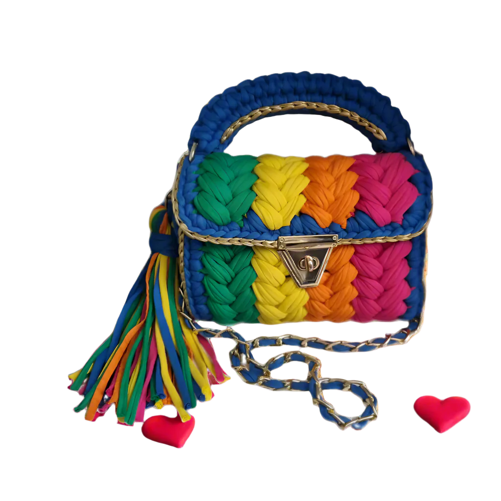 Multicolor glitter-trimmed crochet bag - Sunrise color palette with gold chain