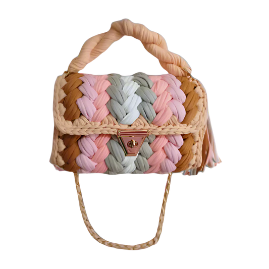 Warm caramel & rose crochet handbag with gold chain - Parisian café inspired.