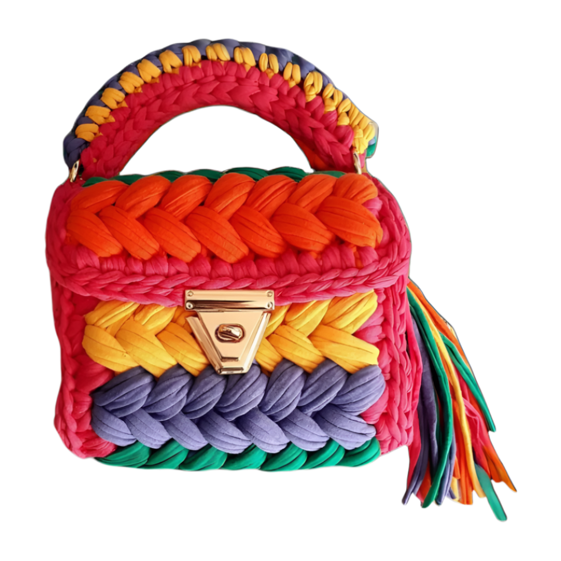 Ombre sunset-colored crochet bag with gold chain.